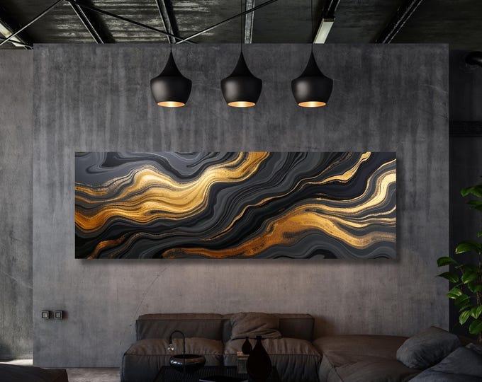 Panoramic Abstract Marble Canvas Art, White Yellow Blue Luxury Decor
