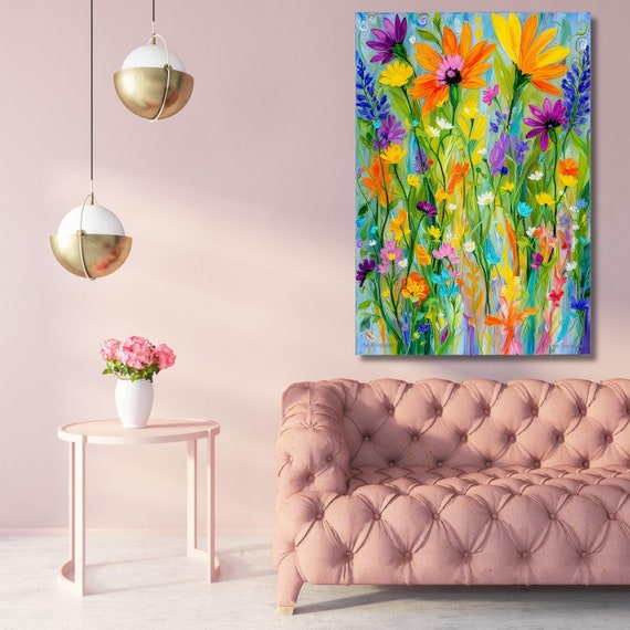 Klimt Style Wildflower Field Canvas Print: Vintage Botanical Landscape
