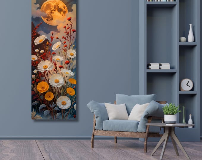 Klimt-Inspired Wildflower Canvas Art: Moonlit Forest, Rustic Mountain Decor