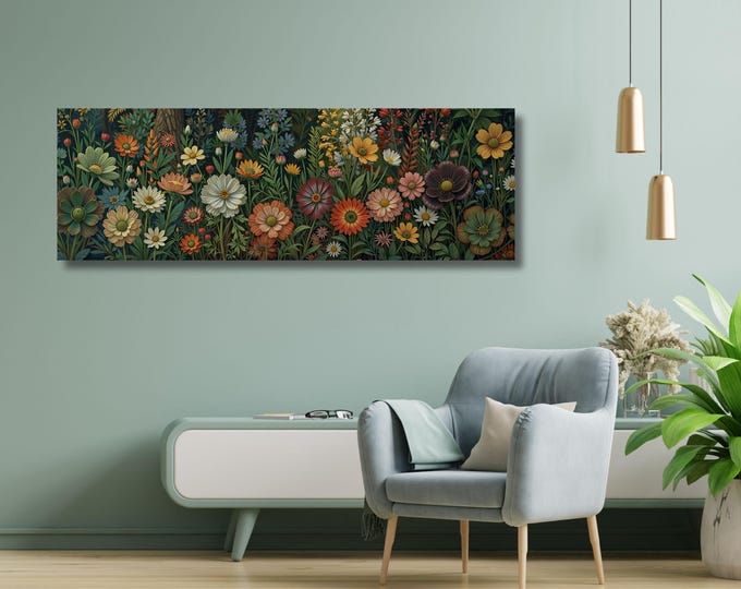 Botanical Wildflower Garden Canvas Wall Art, Horizontal Framed Home Decor Poster
