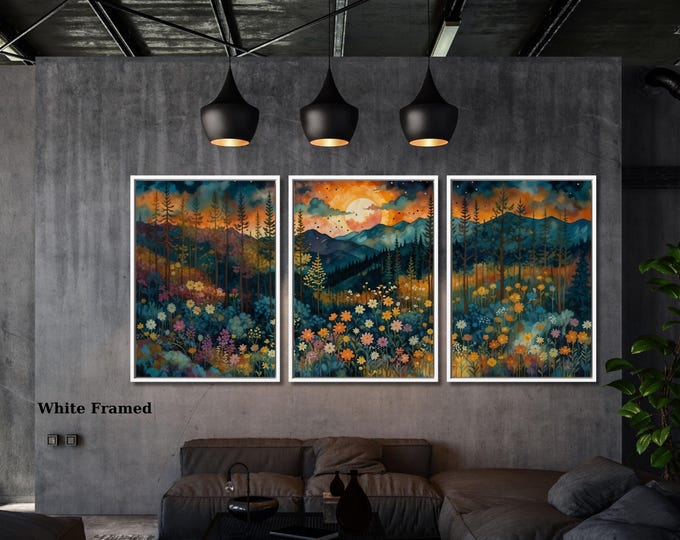 Sunrise Canvas Print Set, Moonlit Pine Forest, Wildflower Garden Wall Art