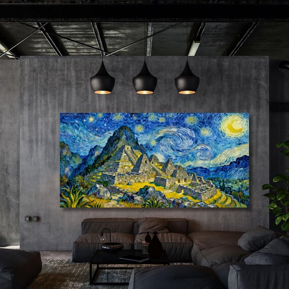 Machu Picchu in the Style of Van Gogh – Starry Night Inspired Peru Canvas Wall Art Ready to Hang/ poster City Night Wall Art