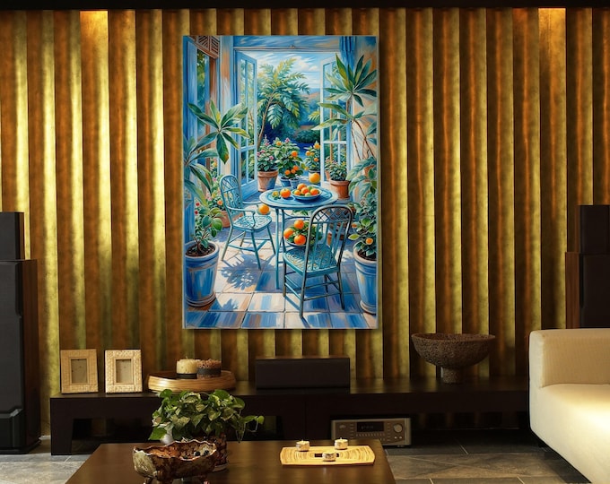 Matisse Style Canvas Print: Open Window with Oranges, Coastal Art