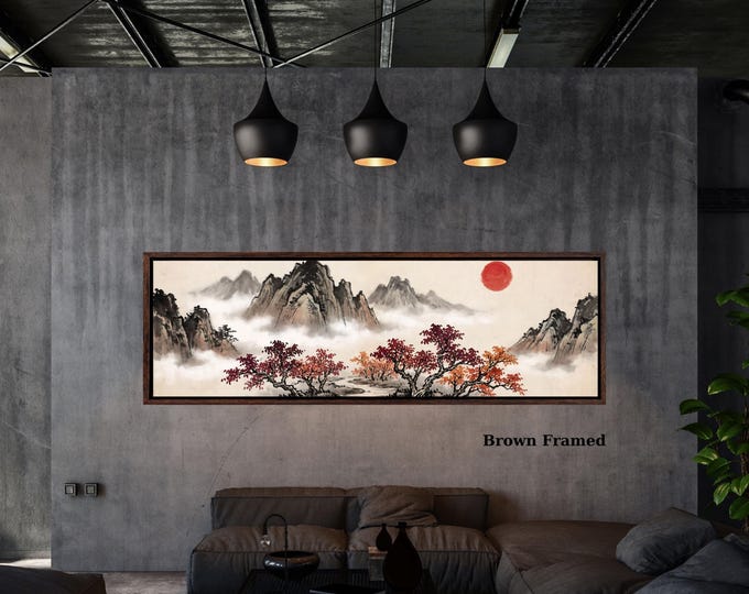 Panoramic Japanese Mountain Landscape Wall Art – Vintage Asian Red Sun Framed Horizontal Print