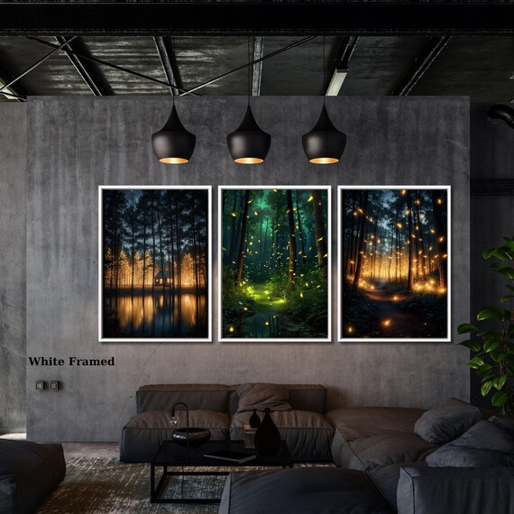 Set of 3 Firefly forest Night Canvas Wall Art Klimt style Firefly forest Canvas Wall Art Modern Living Room Gold Flowers Night Sky wall art