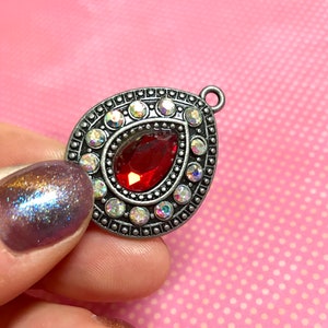 1pc Red Faceted Ruby Glass Teardrop Stone Pendant in Antique Silver Bezel with AB Gemstones