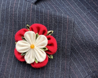 Mens Lapel Pin Flower Lapel Pin Red Lapel Flower Tudor Rose Kanzashi Brooch Custom Lapel Pin Men Wedding Boutonniere Groomsman Gift For Men