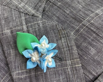 Hydrangea Lapel Pins Mens Lapel Pin Flower Lapel Pin Blue White Flower Kanzashi Brooch Groomsman Gift For Men Wedding Silk Boutonniere