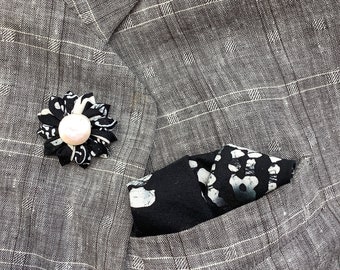 Black White Lapel Flower Pin Pocket Square Batik Cotton Handkerchief Men Boutonniere Custom Mens Gift For Husband  Kanzashi Pins Hanky