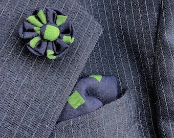 Blue Lapel Pin Flower Pocket Square Set, Kanzashi Boutonniere, Silk Handkerchief Navy Green