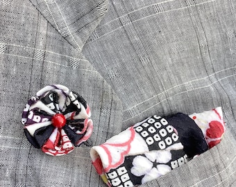 Lapel Pin Pocket Square Set | Mens Black White Red Flower Boutonniere | Silk Handkerchief