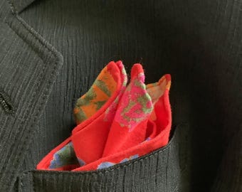 Red Marimekko Pocket Square: Colorful Cotton Handkerchief with Rolled Hem