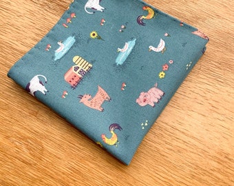 Pocket Square Farm Animals Handkerchief Men Teal Blue Colorful Cotton Custom Mens Gift For Husband Boyfriend Hankies Hanky Hand Rolled Hems