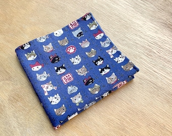 Cat Pocket Square Mens Blue Japanese Cats Cotton Hanky Custom Handkerchief Boyfriend Husband Gift For Cat Daddies Lovers Hand Rolled Hems
