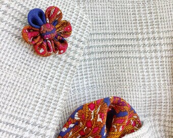 Wool Handkerchief | Lapel Flower Pins | Mens Pocket Square Set | Colorful Paisley Kanzashi Boutonniere | Hanky