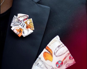 Musical Instruments Lapel Pin Pocket Square Set | Black White Boutonniere | Custom Mens Musicians Handkerchief
