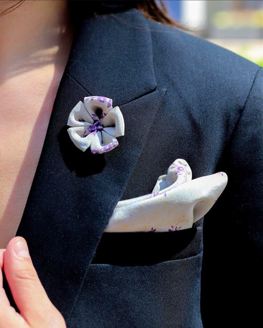 Lapel Pin Pocket Square Set Floral Silk Gray Purple Boutonniere ...