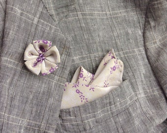 Lapel Pins Mens Lapel Pin Flower Lapel Pin Pocket Sqare Set Floral Silk Gray Purple Boutonniere Husband Gift For Men Handkerchief Kanzashi