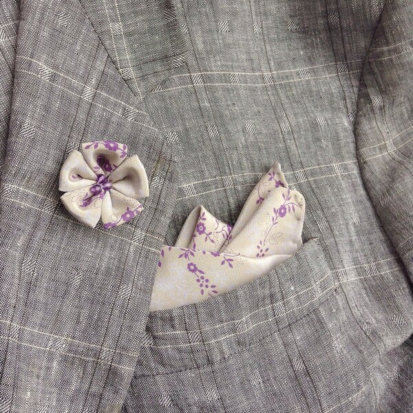 Lapel Pins Mens Lapel Pin Flower Lapel Pin Pocket Sqare Set Floral Silk Gray Purple Boutonniere Husband Gift For Men Handkerchief Kanzashi