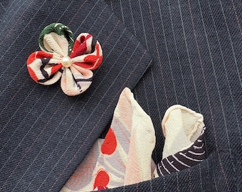 Lapel Pin Pocket Square Set Men Colorful Boutonniere Handkerchief Kanzashi Brooch Custom Rolled Hem