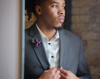 Purple Iris Lapel Pins, Mens Boutonniere, Spring Flower, Custom Gardeners Kanzashi Brooch