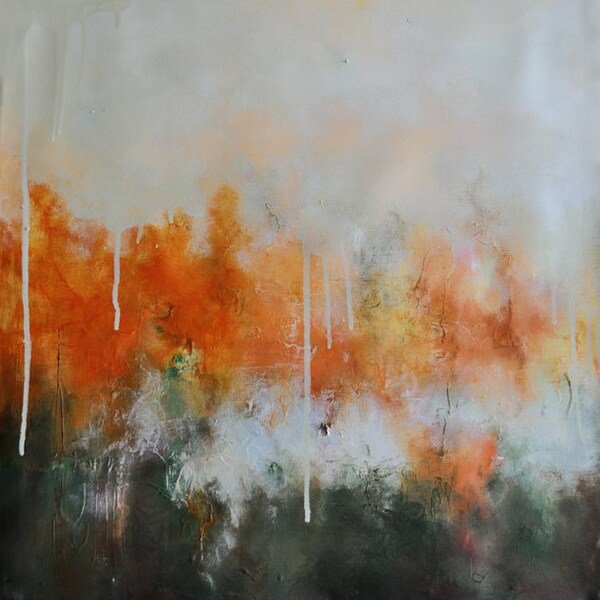 Original Abstract Painting Neutral AUtumn Colors Rust and Green 20x20"