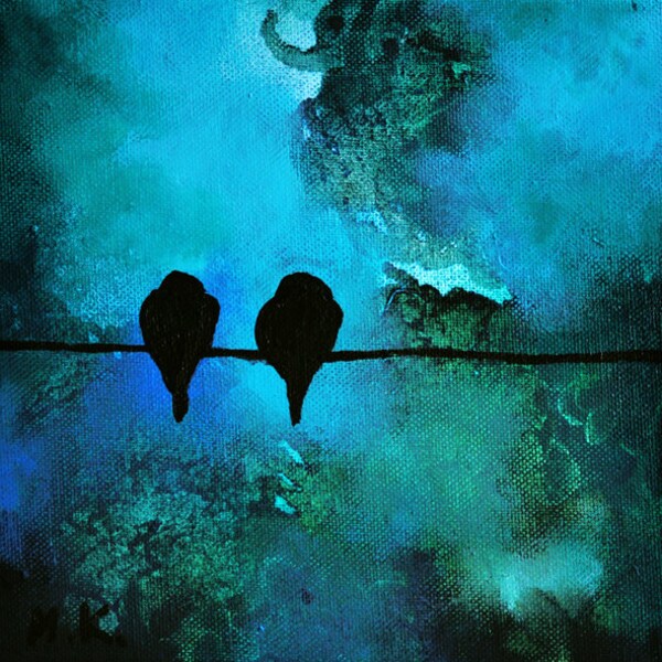 Lovebirds 121 Original Abstract Painting, Birds On A Wire 8x8"