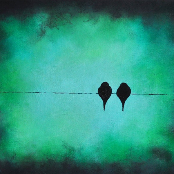 SALE 70% OFF Lovebirds On a Wire Original Abstract Painting, Romantic Art 12x16"