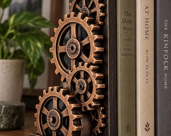 May include: A black bookend featuring a vertical arrangement of four bronze-colored mechanical gears of varying sizes. The bookend supports three books titled The Daily Stoic, At Home With Plants, and The Kinfolk Home, standing on a wooden surface.