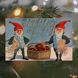 Danish Christmas Cards - Glædelig Jul - Merry Xmas Greetings In Danish Language – Elf Gnomes Vintage Scandinavian Design - Wishes Denmark - Blank