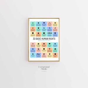 Può includere: Una stampa incorniciata con bordo dorato mostra 30 diritti umani fondamentali, ciascuno rappresentato da un simbolo e una breve descrizione. Lo sfondo presenta una griglia di quadrati colorati. Il testo "Everground Studio" è in basso.