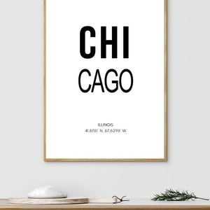 Chicago IL coördinaten afdrukken | Coördinatenteken | Breedtegraad (lengtegraad) | Stadsstaatbord | Afdrukbare kunst | Woondecoraties | Digitale download