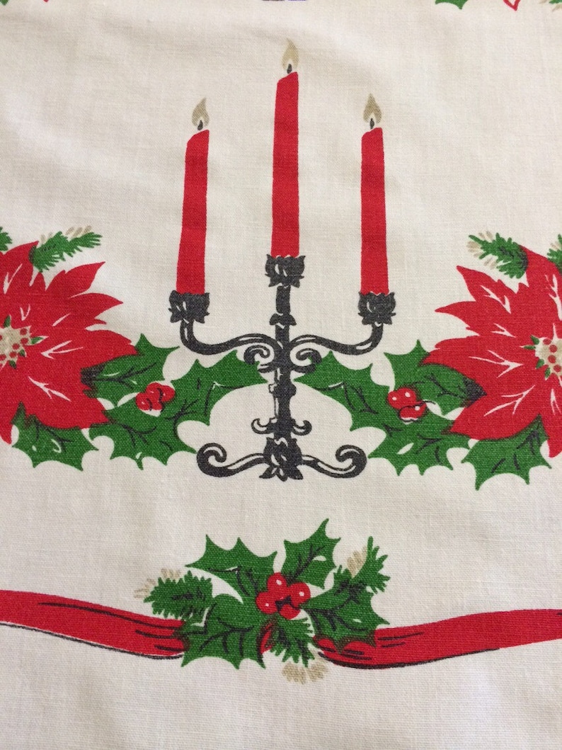Vintage CHRISTMAS TABLECLOTH POINSETTIA Candles in Candelabra Holiday Red Green White