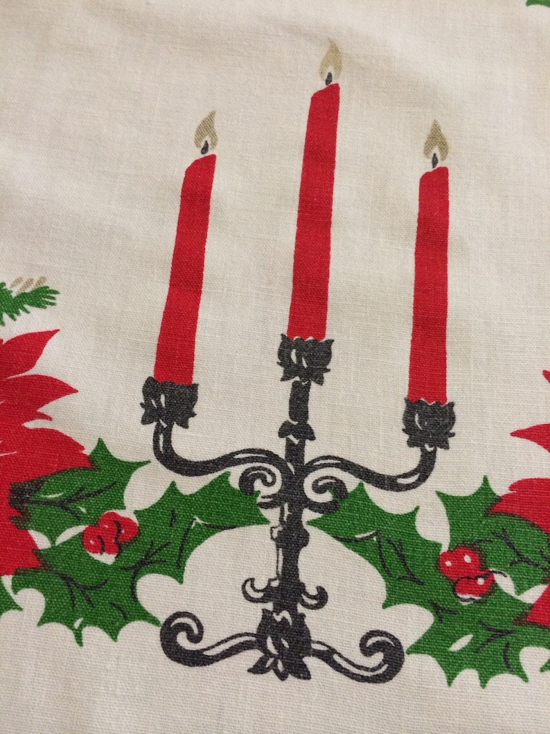 Vintage CHRISTMAS TABLECLOTH POINSETTIA Candles in Candelabra Holiday Red Green White