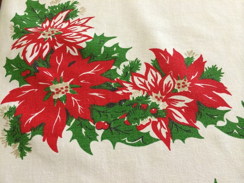 Vintage CHRISTMAS TABLECLOTH POINSETTIA Candles in Candelabra Holiday Red Green White