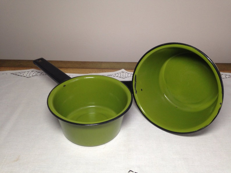 Vintage 1970s Pot Set Green Enamel Pan Saucepan Metal 70s Etsy