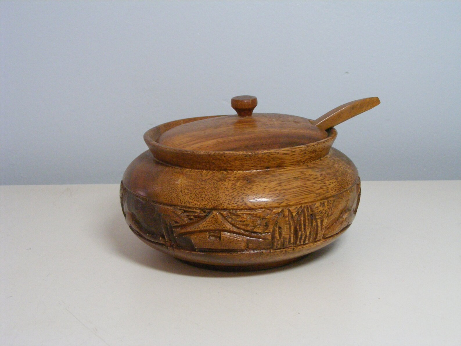 Vintage Wood Bowl with Lid and Spoon Teak Carved Wooden Etsy