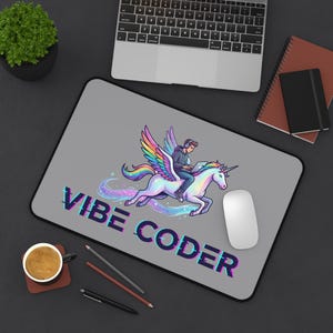 Op de afbeelding: Grijze rechthoekige muismat met een cartoonillustratie van een persoon die op een gevleugelde eenhoorn met een laptop rijdt. De tekst "VIBE CODER" wordt weergegeven in een glitch-effect. Een witte muis staat ernaast.