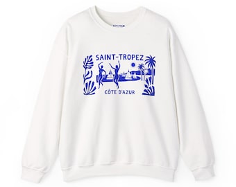 Saint-Tropez Côte d'Azur Illustration Sweatshirt | Matisse-Inspired Beach Scene, South of France, Mediterranean, San Tropez, Saint Tropez