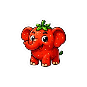 May include: A whimsical sticker featuring a cartoon elephant with a strawberry design. The elephant is red with small white seeds, green leaves on its head, and a smiling expression. The sticker is on a white background.