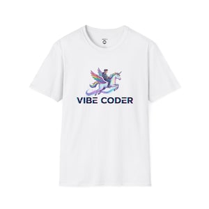May include: White t-shirt with a vibrant graphic of a person riding a winged unicorn. The words "VIBE CODER" are displayed beneath the image in a glitch style. The shirt has a round neck and short sleeves.