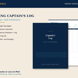 May include: A digital Sailing Captain's Log PDF featuring a dark blue cover with wave graphics and the text Captain's Log, Passages, provisions and maintenance. Includes a passage log page with columns for date, sail hours, and notes, plus a list of features.