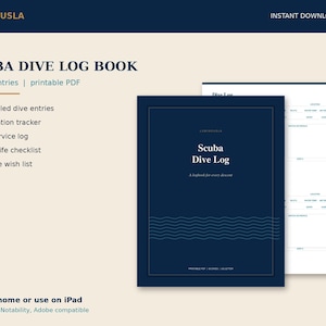 Könnte beinhalten: Ein dunkelblaues Tauchlogbuch als druckbares PDF mit dem Text Scuba Dive Log, a logbook for every descent, und Wellengrafiken. Das Dokument enthält 60 Taucheinträge, einen Zertifizierungs-Tracker, ein Ausrüstungsprotokoll und eine Meereslebewesen-Checkliste.