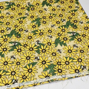 Bee and Daisy Cotton Fabric by Debbie Mum, Yellow, Green and Black Fabric, Bee Fabric