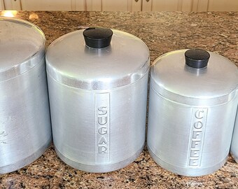 vintage Mid Century spun Brushed aluminum canisters Food Storage Flour Sugar Coffee Tea