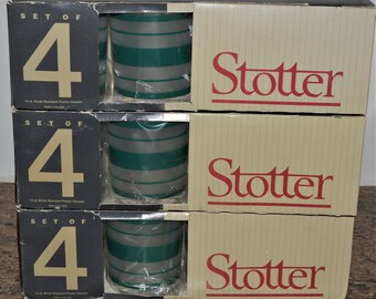 New Vintage Stotter GREEN STRIPE Acrylic plastic 14oz Tumblers 3 Sets Of 4 (12 Cups) Lowball