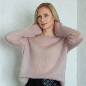 Women&#39;s powder pink sheer kid-mohair blouse, hand knitted pale pink bridal silk-mohair sweater, semi transparent mesh mohair wedding sweater