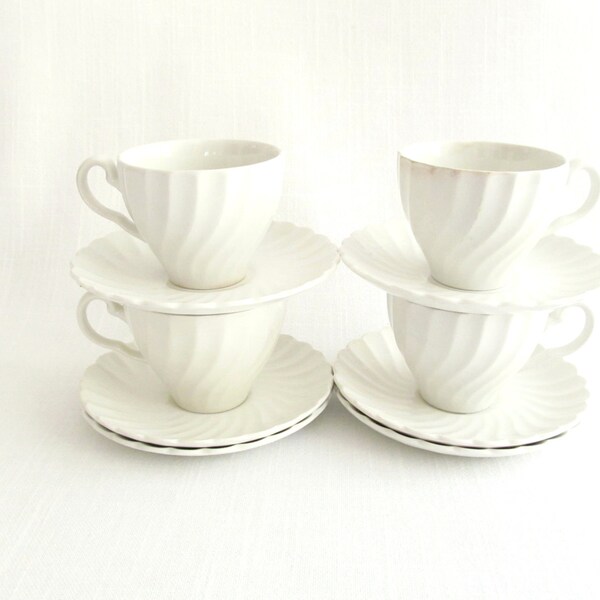 Antique Cups and Saucers . White Ironstone . Johnson Brothers England .  Regency Pattern . Set of Four