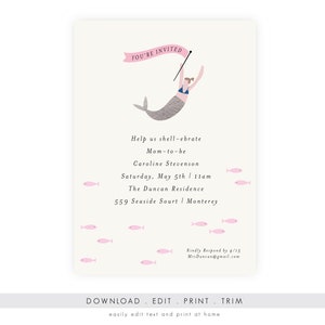 Mermaid Baby Shower Invitation Mermaid Invitation, Editable, Printable Template, Instant Download, Under the Sea, Diaper Raffle, PDF image 1