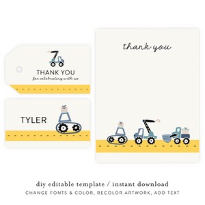 Construction Party Thank You Notes and Gift Tag | Dump Truck, Construction Favor Tags, Instant Download, Tow Truck